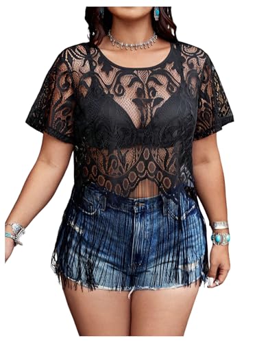 Women's Plus Size Sheer Fringe Boho Tops Lace Hollow Out Short Sleeve T Shirt Beach Vacation Tee