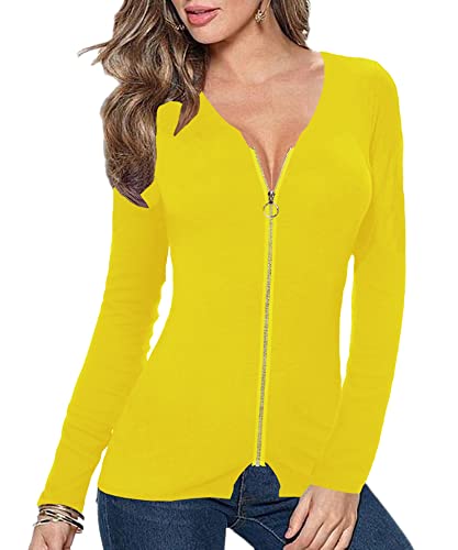 Image of Afibi Women V Neck Zip Front Long Sleeve Casual Top Blouse Shirt /Cardigan