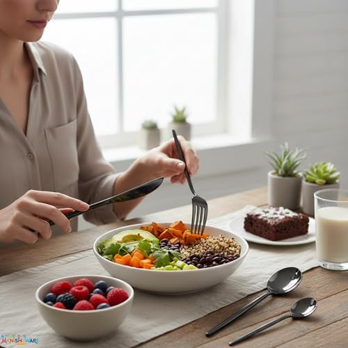Image of Slim Handle Black 4 Pcs Stainless Steel Cutlery Set for Dining Table, Dishwasher Safe Glossy Flatware (1 Spoon Set + 1 Forks Set + 1 Butter Knife + 1 Dessert Spoon)
