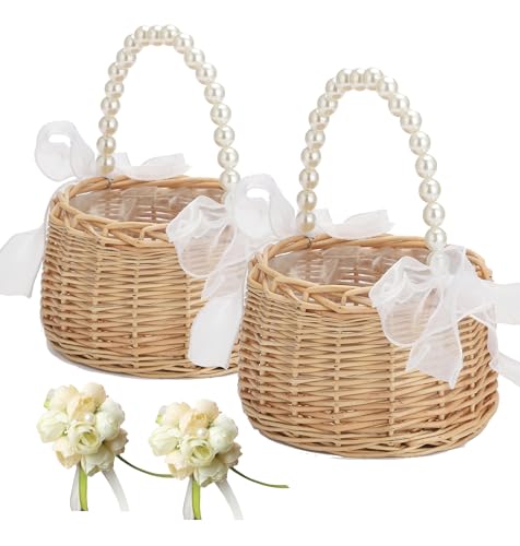 2PCS Wicker Rattan Flower Girl Basket with 2PCS Wedding Wrist Corsage, Handwoven Wicker Basket with Pearl Handle Bow Fairy Flower Basket Rattan Basket for Weddings Bridal Anniversary Party Decor (N-2)