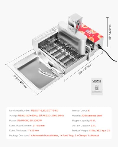 Image of VEVOR Commercial Automatic Donuts Machine, 6 Rows Donuts Making Equipment, 360 pcs /hour Electric High Power Doughnut Maker, Stainless Steel Frying Auto Fryer, with Intelligent Control