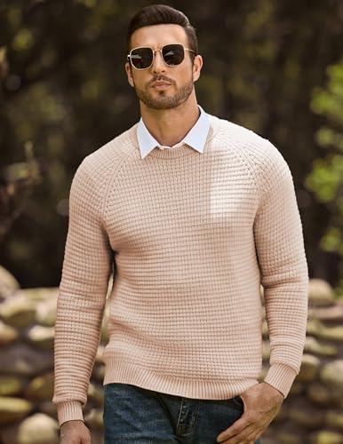 JMIERR Mens Crewneck Sweater Waffle Textured Knitted Solid Pullover Casual Daily Wear Soft 2025 Fashion Pullovers2