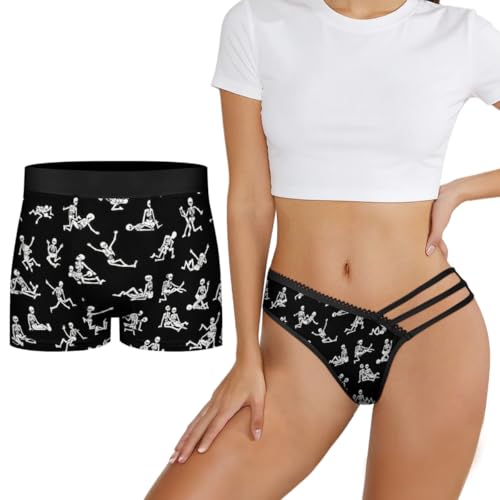 QOPECUOY Matching Valentines Underwear for Couples Novelty Skull Skeletons Cheeky Panties for Women Plus Size Sexy Lace Briefs Womens Low Rise Thong for Ladies Mesh Brazilian Panties Black Size S