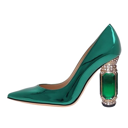 FSJ Women Gorgeous Pointed Toe Crystal Block Chunky High Heel Pumps Slip On Ladies Wedding Evening Shoes Size 4-16 US2