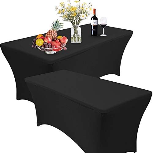 RELIANCER 2 Pack 8FT Rectangular Spandex Table Cover Four-Way Tight Fitted Stretch Tablecloth Table Cloth for Outdoor Party DJ Tradeshow Banquet Vendor Wedding Celebration (2PC 8FT, Black)