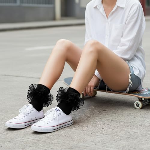 Image of Geyoga 3 Pairs Women Big Ruffle Socks Turn Cuff, Double Lace Ankle Cotton Frilly Socks for Ladies Summer