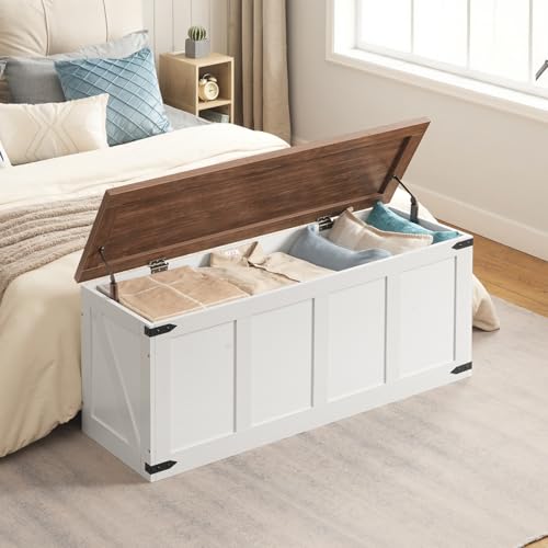 HOOBRO Storage Bench, 47.2”Toy Box Organizer with Safety Hinges, Farmhouse Wooden Storage Chest, for Hallway, Bedroom, Living Room, White and Walnut WH520CW01 HOOBRO Storage Bench, 47.2”Toy Box Organizer with Safety Hinges, Farmhouse Wooden Storage Chest, for Hallway, Bedroom, Living Room, White and Walnut WH520CW01