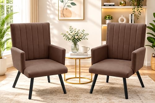 Image of Rosebell Modern Velvet Office Chairs Set of 2 with Armrests & Metal Legs | Upholstered High Back Leisure Chairs for Living Room, Bedroom, Office, Cafe & Dining Room | Brown