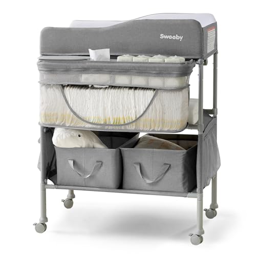 Image of Sweeby Portable Baby Changing Table, 4 Position Height Adjustable with Lockable Wheels, 2 Storage Basket for Essentials, Waterproof Diaper Changing Tables Station Pad Topper, Gray
