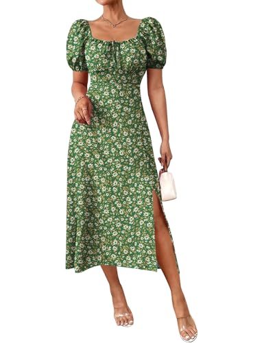 Image of SPRIME Women's Floral Summer Casual Dress Square Neck Puff Sleeve Boho Midi Dresses Ruched Bust High Waist Split Long Dress