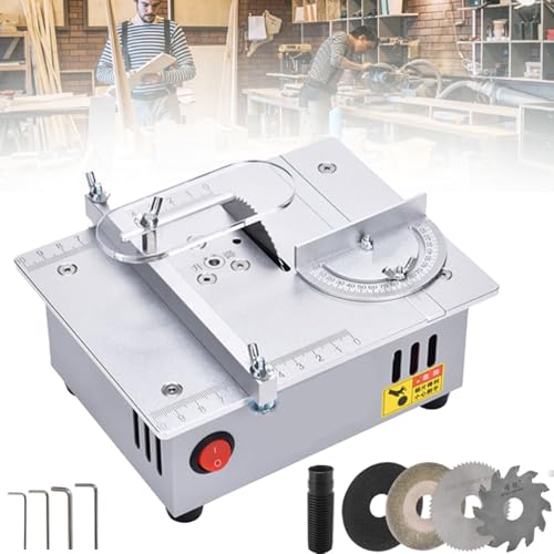 RSPPPJQ Mini Hobby Table Saw,96W Handmade Woodworking Bench Saw 1/2" Adjustable Cut Depth, Seven Speed Adjustable Power Supply, for Miniature Wood Craft Cutting