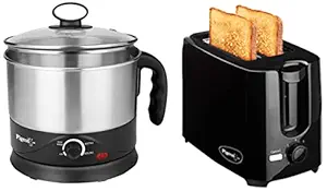 Pigeon Kessel Multipurpose Kettle 600 Watt, 1.2 L with Stainless Steel Body & 2 Slice Auto Pop up Toaster. A Smart Bread Toaster for Your Home (750 Watt)