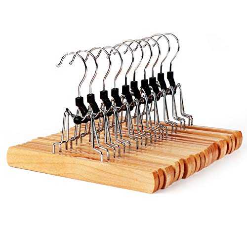 ilauke Lot de 12 Cintres Pantalons Bois,Cintres-Pinces en Bois pour Pantalons/Jupes avec 5 Crochet Chromé,Anti-glissemen Cintres Porte-Jupes avec Crochet Rotatif à 360° pour Pantalons Jupes,25cm