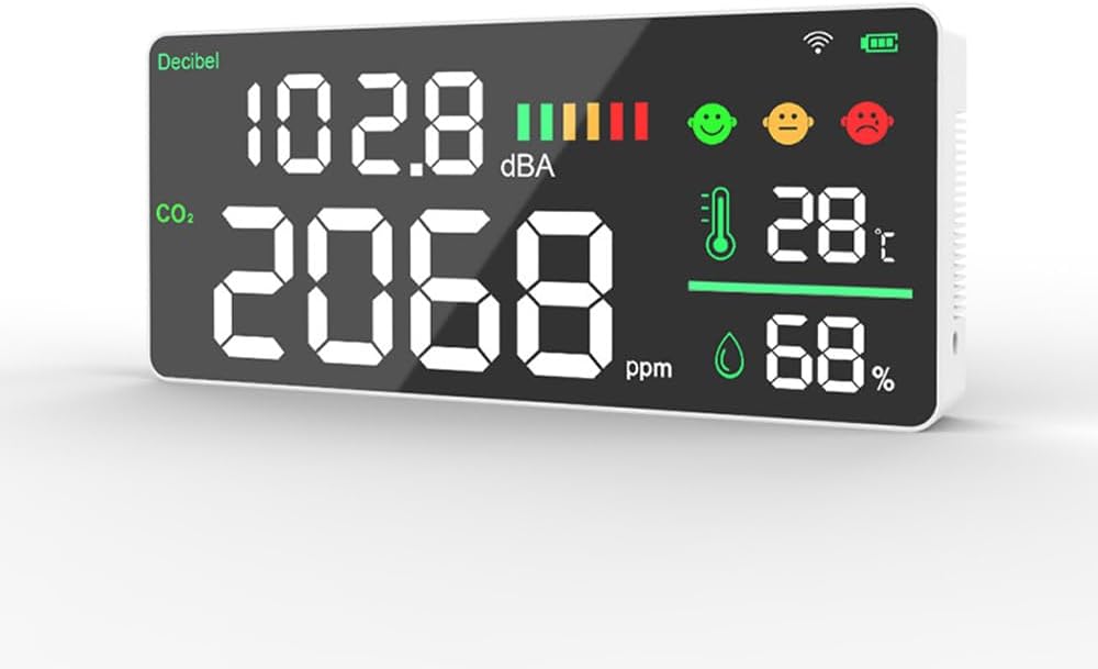 ഫ്രണ്ട് view of the KKnoon HHXE25381-2 Air Quality Monitor displaying decibel, CO2, temperature, and humidity readings.