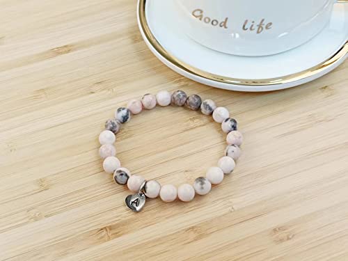 Image of Handmade Alphabet Letters Love Heart Charm Pendant Healing Natural Gemstones 8mm Rose Pink Zebra Jasper Beads Stretched Beaded Bracelet,Anxiety Pain Stress Strain Fear Relief Beading Bracelets,Love Gift for Mother Grandmother Daughter Wife . (Z)