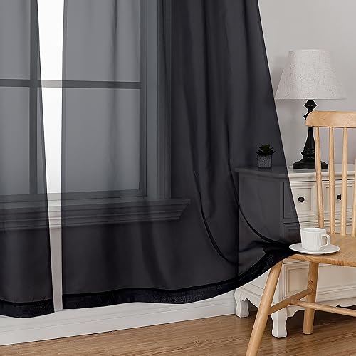 Image of Simplebrand Rod Pocket Top Solid Voile Sheer Curtains for Bedroom, 54 Inch Length Drapes Set of 2, Lightweight and Light Filtering Elegant Black Curtains Panels Window Treatment, 42Wx54L, Black