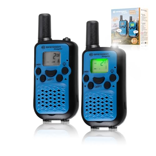 Bresser Junior Walkie-Talkies für Kinder, 2er-Set, Funkgeräte mit sehr hoher Reichweite bis zu 6 km, Frei-Hand-Funktion und integrierter Taschenlampe, Blau