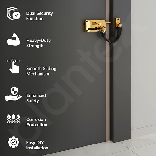 Image of Plantex Door Chain with Baby Latch /Door Chain Lock for Main Door /Latch Lock for Door /Heavy Duty Door Safety Guard Lock for Home, Hotel & Office Security - Pack of 1 (DTK-294-Gold)