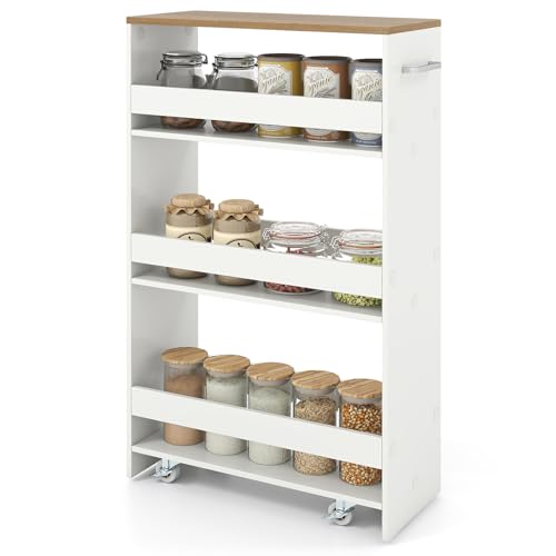GIANTEX Carrito Auxiliar 4 Niveles, Carro de Almacenamiento Estrecho con 4 Estantes, Ruedas y Asa, Carro de Servicio Compacto para Cocina, Baño, Salón (Blanco+Natural,47,5x20x80,5cm)