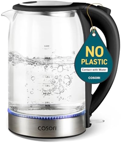 COSORI - Bouilloire électrique, sans filtre en plastique ni bec verseur, 1,7 l, bouilloire à thé et chaudière à eau chaude pour le café et le thé, chauffe-eau et théière, arrêt automatique, verre