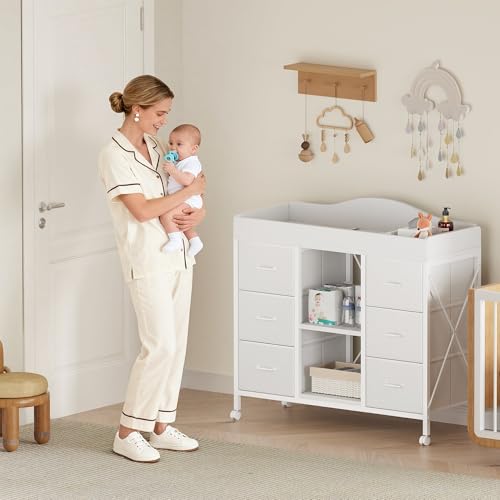 Image of YeTom Changing Table, 6-Drawer Dresser, Adjustable Shelves, Mobile, White | Changing Table Dresser, Waterproof Diaper pad & Safety Strap, 6 drawers, Adjustable shelves, Mobile Nursery Organizer