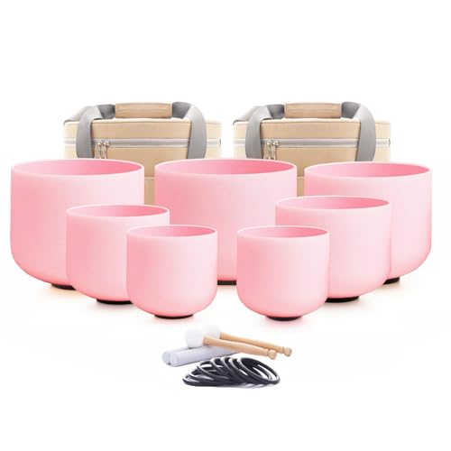 Hye-eun Pink Crystal Singing Bowls Set, 432hz Quartz Frosted Sound Bowl set of 7pcs with Carrying Case for Yoga Sound Healing Instruments