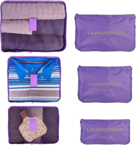 Image of Travel Organizer Pouch Set of 6, Space Saver Packing Cubes for Suitcase, Clothes, Underwear, Socks and Shoes (PURPLE)