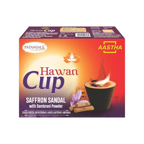 Patanjali Aastha Hawan Cup with Saffron & Sandal,Natural Herbal Havan Cups for Pooja, Havan, & Spiritual Rituals, Pure Fragrance of Saffron & Chandan for Purification, Ideal for Home & Temples