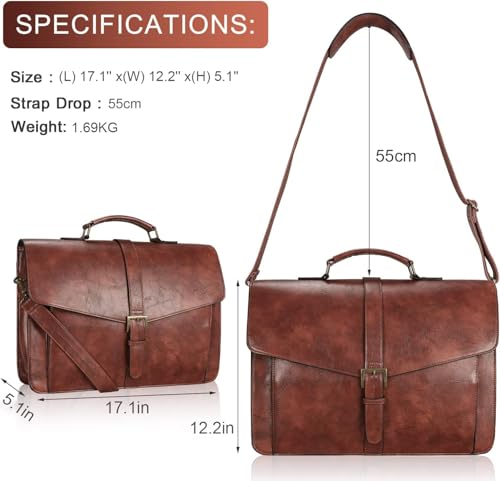 Image of ESTARER Men's Leather Briefcase 17.3 Inch Laptop Messenger Bag for Office /Business /Travel, Professional Leather Computer Shoulder Bag, Brown