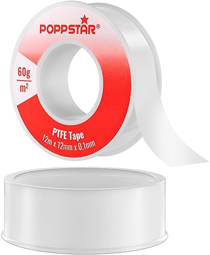 POPPSTAR Ruban d'Etancheité Teflon 12m x 12mm x 0,1mm (60g/m² bande d'étanchéité PTFE, GRp pour filetage grossier, convient à l'eau potable), 1 rouleau