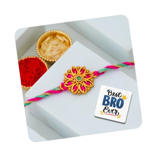Image of eCraftIndia Beautiful Pink Flower Designer Rakhi for Brother with Gift Combo Set | Raksha Bandhan Rakhi for Bhaiya Bhabhi Bhai Kids Boy | Best Bro Ever Fridge Magnet | Roli Chawal Pack