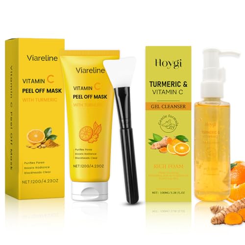 120g Mascarilla de Arcilla con Vitamina c y Curcuma,100ml Limpiador Facial de Cúrcuma,Mascarilla Arcilla-Limpia y Estrecha los Poros,Mejora los Puntos Negros,Acné,Manchas Oscuras e Iguala Tono