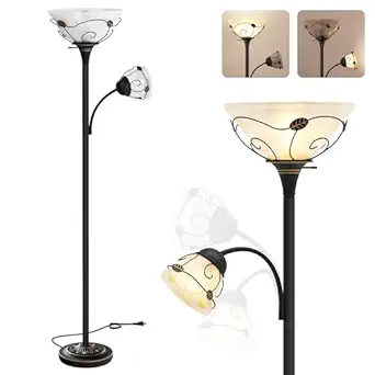DWVO Torchiere Floor Lamp with Sidelight for Reading Home Decor, 71" Floor Lamp with Glass Shade for Bedroom, Living Room Office (Bulbs not Included)