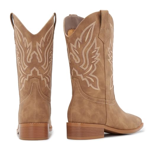 Image of Cowgirl Boots Square Toe Cowboy Boots For Women Ladies Mid Calf Low Heel Flat
