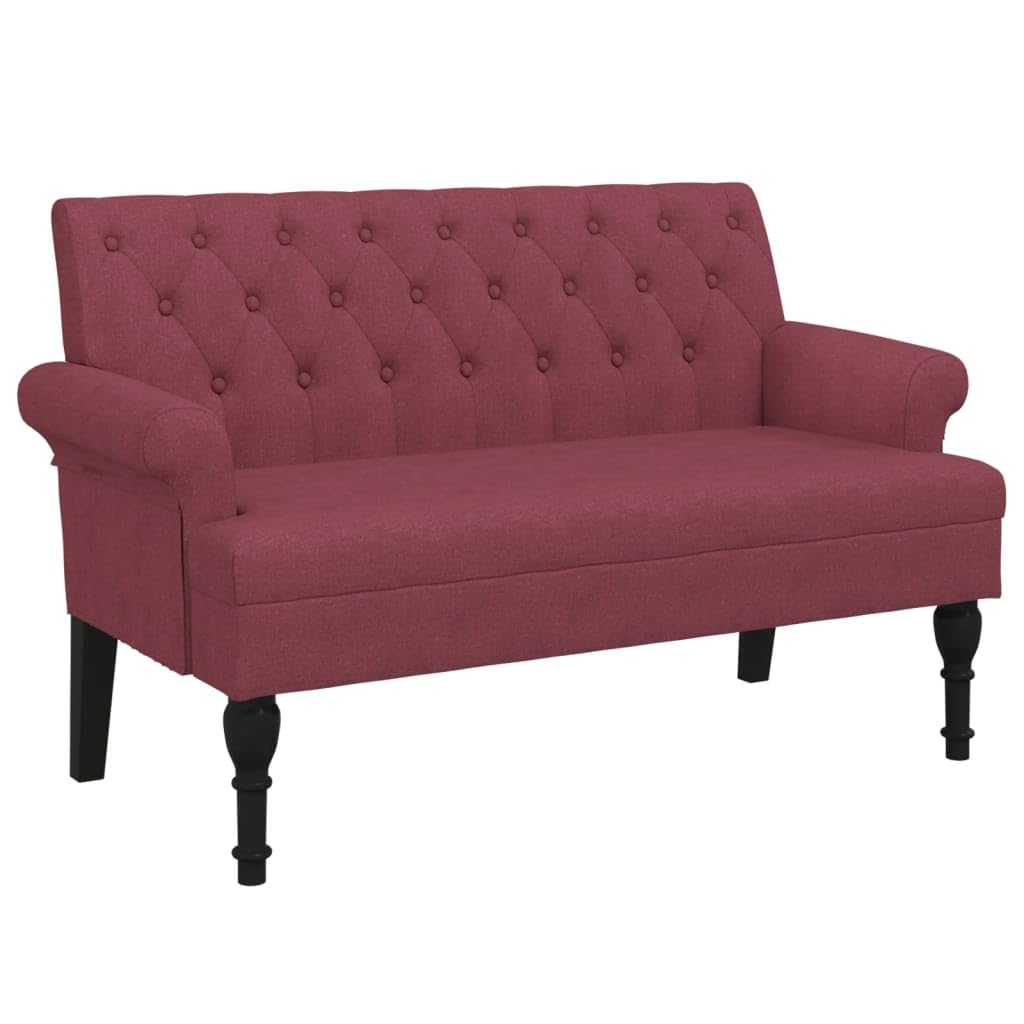 Banco con respaldo, color rojo vino, 120 x 62 x 75 cm, tela, asiento acolchado grueso, costuras con botones, reposabrazos redondeados, patas de madera de caucho maciza, estable