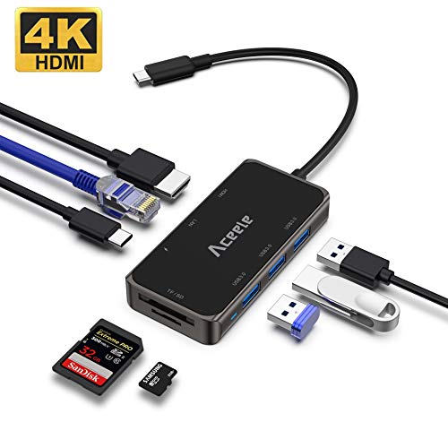 Aceele Hub USB C, 8 en 1 Adaptador Tipo C con 4K HDMI, Puerto Gigabit Ethernet, 100W Power Delivery Carga, 3 Puertos USB 3.0 y Lector de Tarjetas SD/TF para MacBook, Huawei, Google Chromebook Pixel