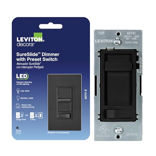 Leviton SureSlide LED Advanced Dimmer Switch for 150W Dimmable LED Halogen and Incandescent Bulbs and Fixtures 66741-E Black