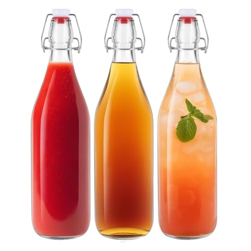Image of Glassbunny Glass Bottle with Swing Cap 1000 ml Leakproof Airtight Flip Top 1 Litre Bottle with Stopper for Beverages Oil Vinegar Soda Kefir Beer Juice Fridge Water Bottles Pack of 3