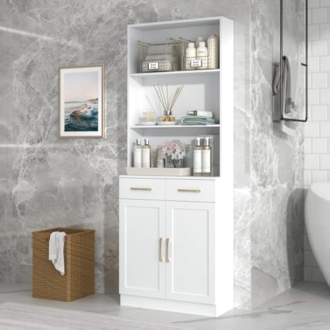 Bathroom Storage Cabinet with Two Doors & Drawers, Adjustable Shelf, Spacious Open Shelving