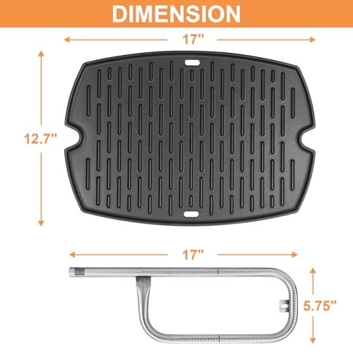Image of 7582 Griddle & 69957 60040 Burner Tube Parts for Weber Q1200 Q1000 Q100 Q120 386001 50060001 Replacement Parts, for Weber Q Griddle Insert 65810 7644 69934 65465, for Weber Baby Q Accessories