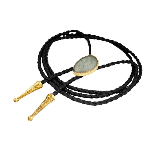 Image of Daisy Del Sol Gemstone Bolo Tie Braided Vegan Faux Leather Natural Stone Gold Handmade Necklace Adjustable Boho Western Jewelry
