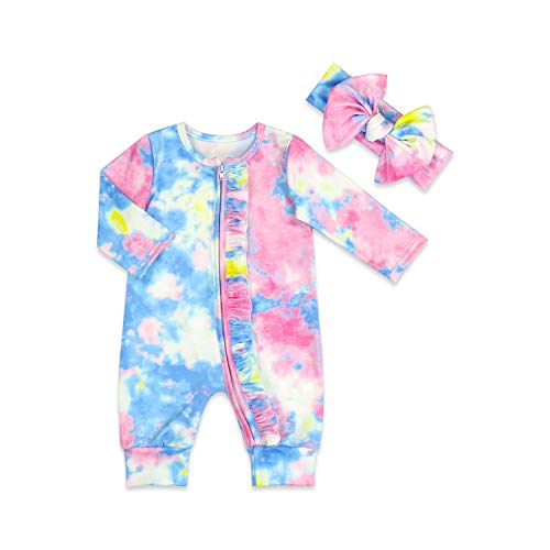 New Born Baby Girl Boy Footie Romper Print One Piece Jumpsuit Sleeper with Headband Clothes,Zipper Front Footed Pajama(Tie Dye -Purple, 12?24Months)