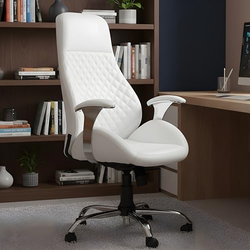 Image of MRC Atlantic Executive Leatherette Office King Size High Back Boss Maharaja Revolving Chair with 3 Year Warranry,Cushioned Lumbar Support,Multi Lock Mechanism & Chrome Base (Pre Assembled) (White)