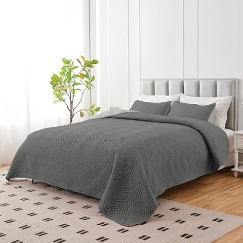 U-NICE HOME 3-Piece Quilt Set Full/Queen Size for All Season with Pillow Shams, Reversible Bedspread/Coverlet/Bedding Decor-Soft, Lightweight, Dark Grey/Light Grey Cover