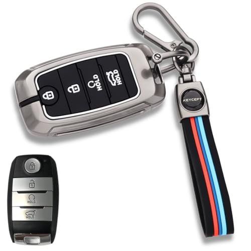 Image of KEYCEPT Metal Key Cover Compatible for Kia Seltos | Sonet | Carens 4 Button Smart Key with Keychain (Long Keychain).