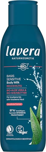 lavera basis sensitiv Body Milk Reichhaltig Naturkosmetik vegan - Bio-Aloe Vera & Bio-Sheabutter 24 h intensive Feuchtigkeitspflege - PETA zertifiziert - Biologisch abbaubar - Bodymilk - 250 ml