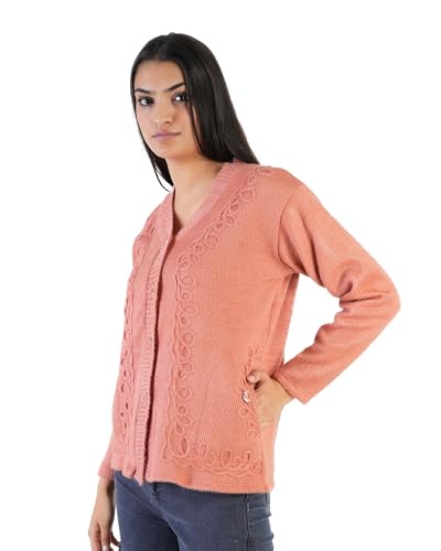 Image of MANRA Women's Woolen V-Neck Buttoned Full Sleeve Cardigan Self Design Soft Wool Fabric Winter Wear Pure Wool Sweater Fully Warm with Front Pockets Stylish Cardigan