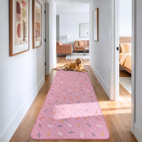 Image of Sunheir Washable Pee Pads for Dogs Large 24 inch x 72 inch 2-Pack Reusable Puppy Pads Pet Training Pads, Absorb Dog Mats, Whelping Pad, Non-Slip Protects Against Urine Leakage, Runner Rug (Leaves - Pink)