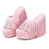 CYNLLIO Fringe Platform Sandals Women dressy wedge Heels Summer Boho Shoes Slip on Open Toe Slides Tassels Beach Slippers Pink Size 8.5