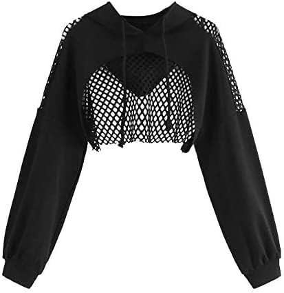 Solid Cut Out Front Long Sleeve Fishnet Hoodie Sweatshirts for Women